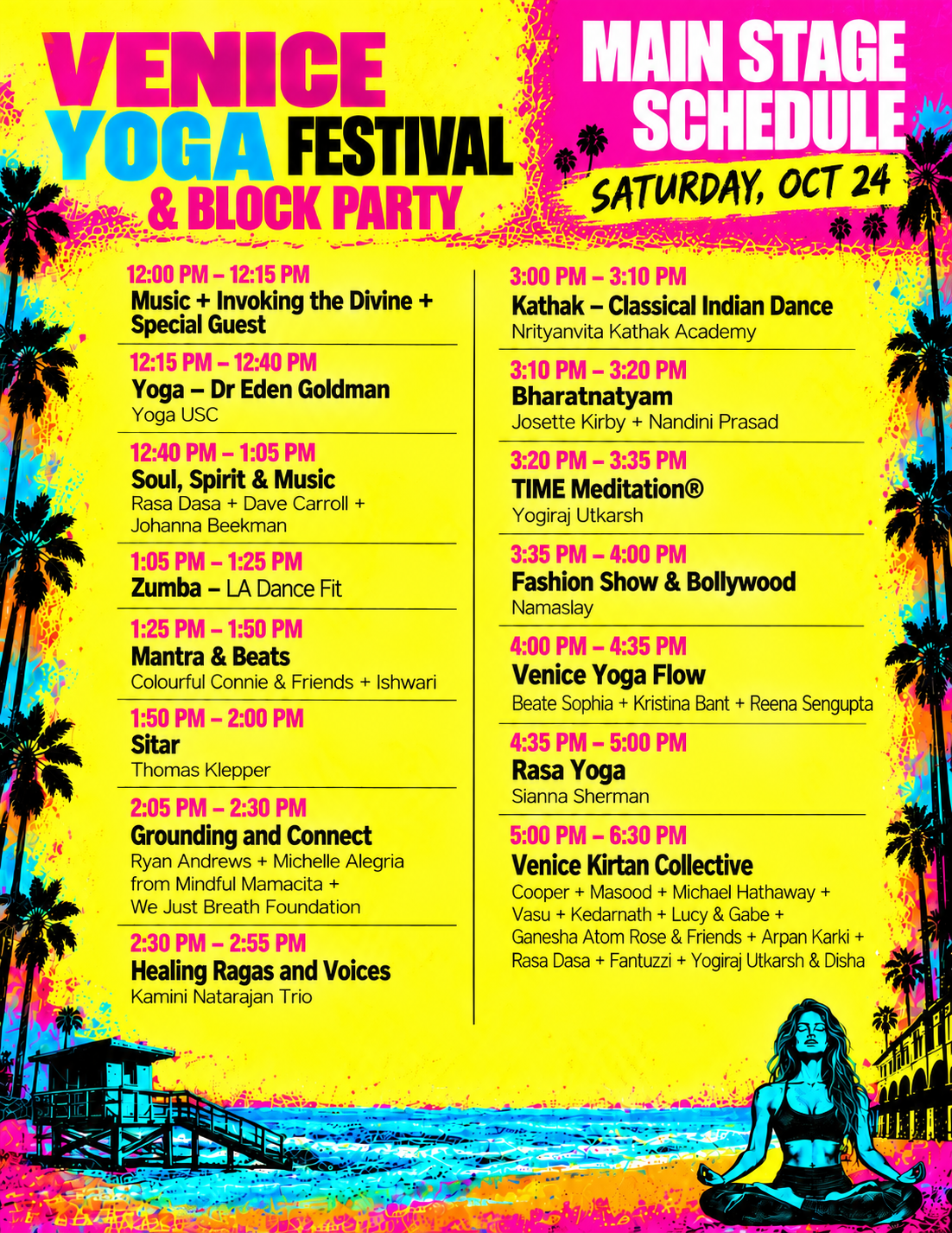 Venice Yoga Festival 2026 Main Stage schedule poster — Saturday, October 24, with the full lineup of yoga, music and dance acts