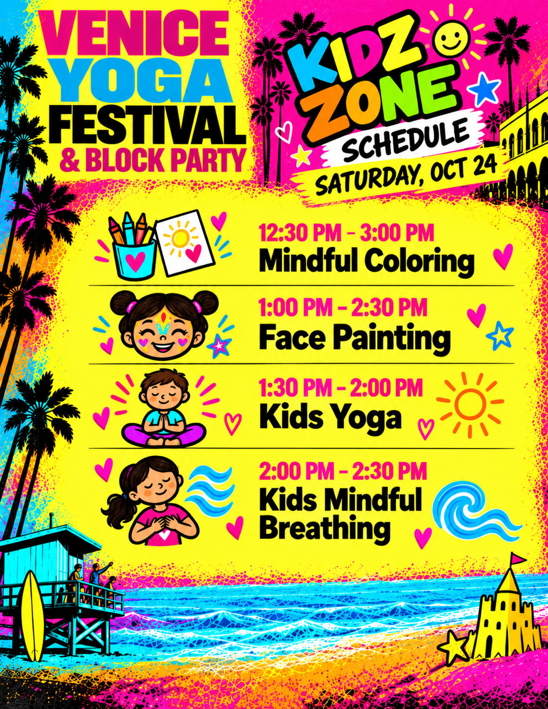 Venice Yoga Festival 2026 Kidz Zone schedule poster — Saturday, October 24, with mindful coloring, face painting, kids yoga and kids mindful breathing